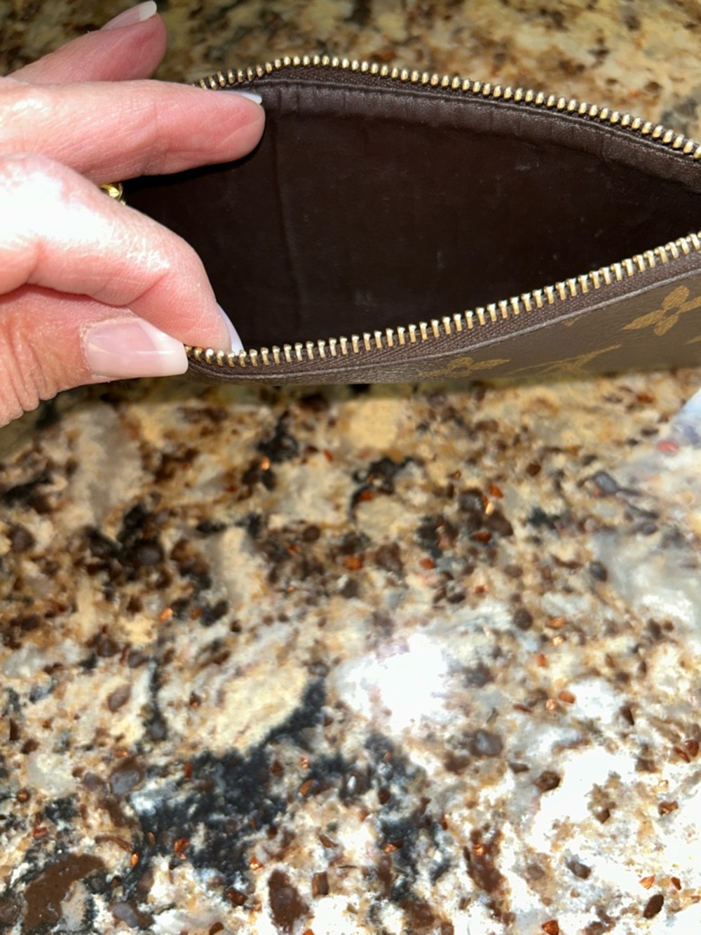 Louis Vuitton Monogram Canvas Zip Pouch in Brown and Gold with pink zipper pull - Picture 8 of 9